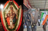 Kateel Goddess adorned in tri-colour flowers; elephant holds national flag
